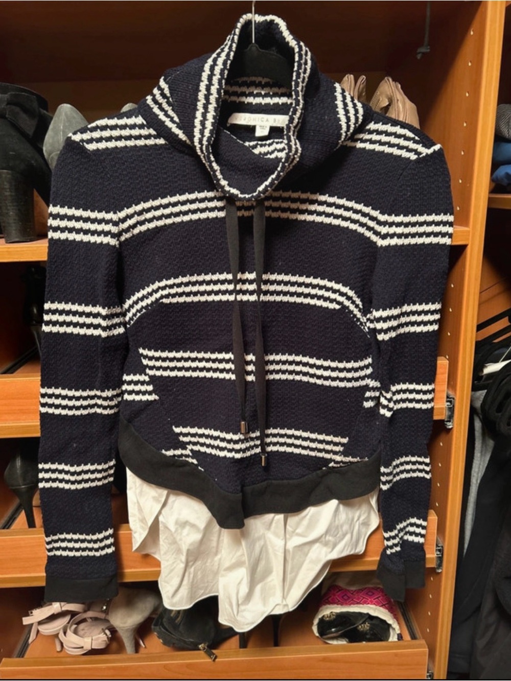 Veronica Beard Navy and White Striped Funnel Neck Sweater